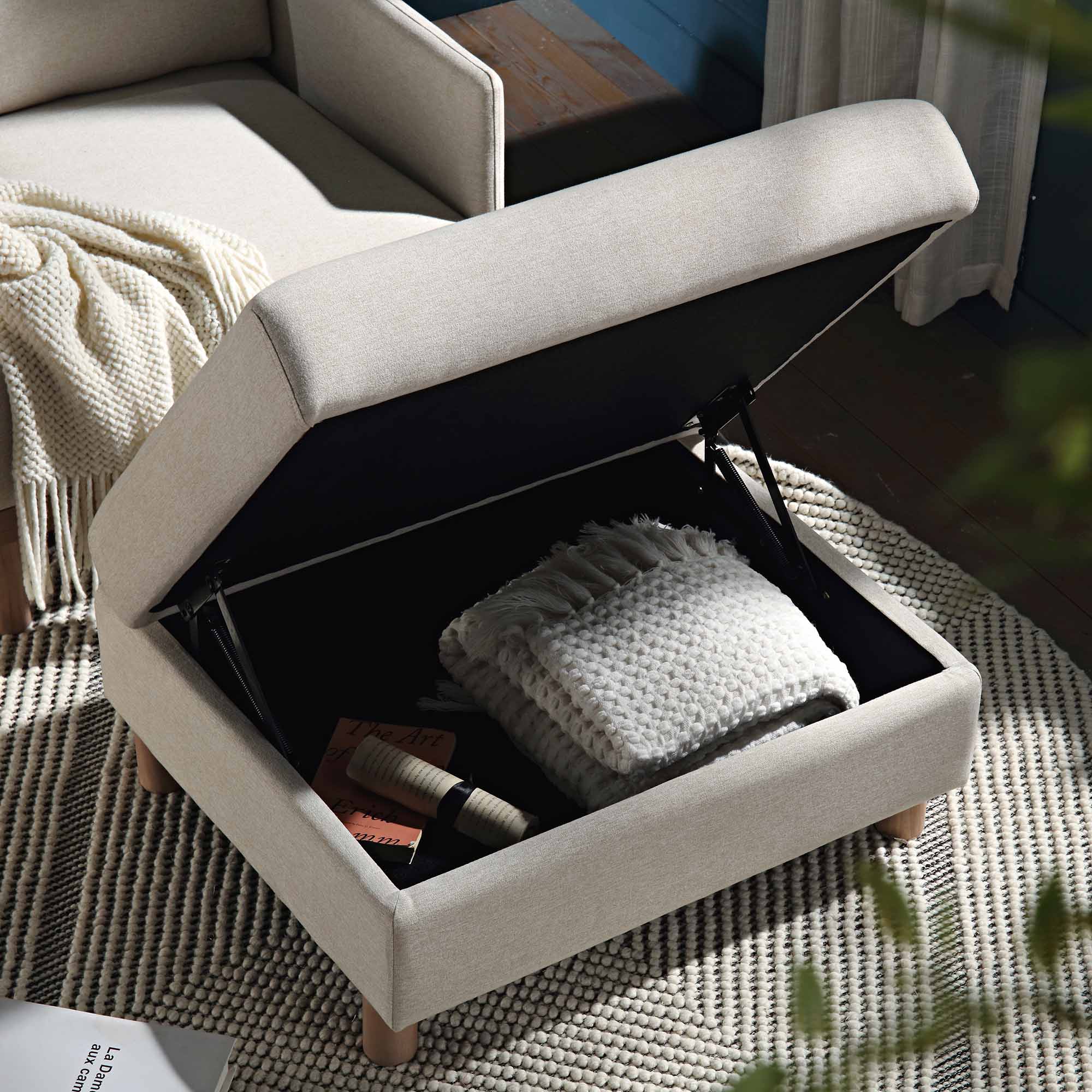 Timber Oatmeal Fabric Storage Ottoman - Image 2