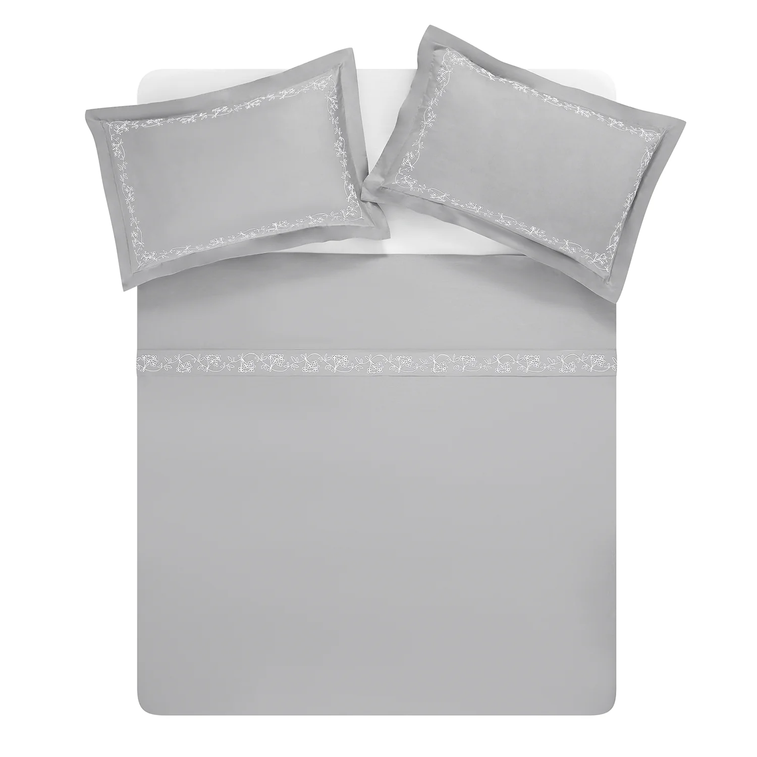 Valentina Grey Floral Embroidered 600 Thread Count Cotton Sateen Duvet Set