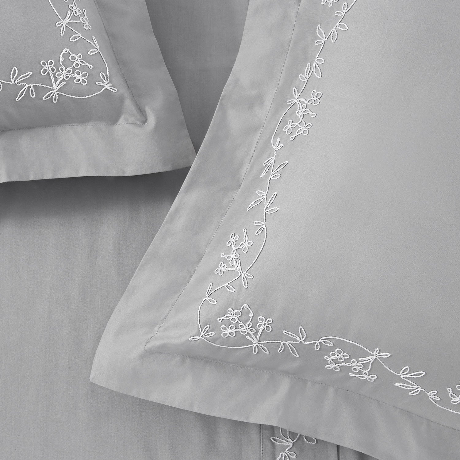 Valentina Grey Floral Embroidered 600 Thread Count Cotton Sateen Duvet Set - Image 4