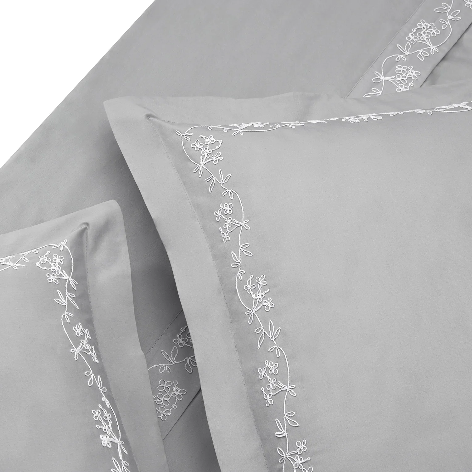 Valentina Grey Floral Embroidered 600 Thread Count Cotton Sateen Duvet Set - Image 5