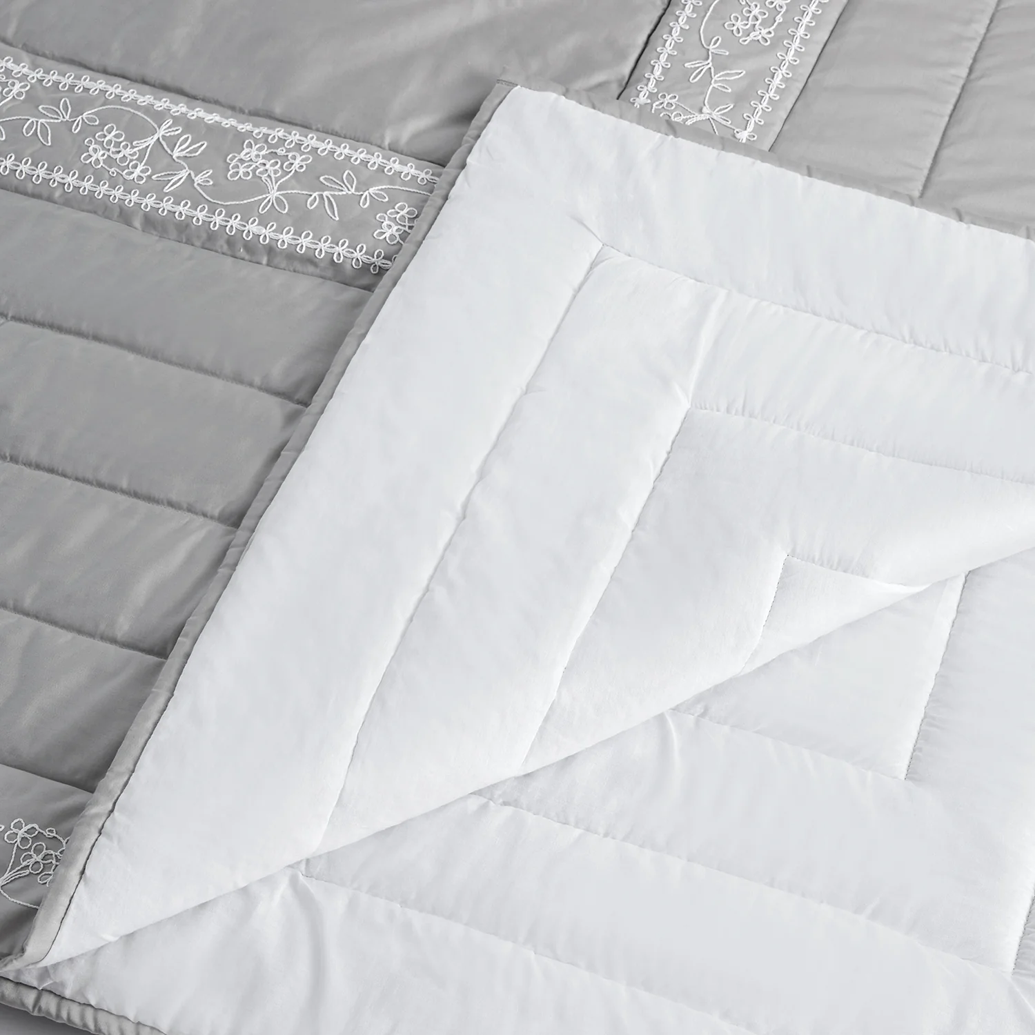 Valentina Grey Floral Embroidered Quilted 600 Thread Count Cotton Sateen Bedspread - Image 3