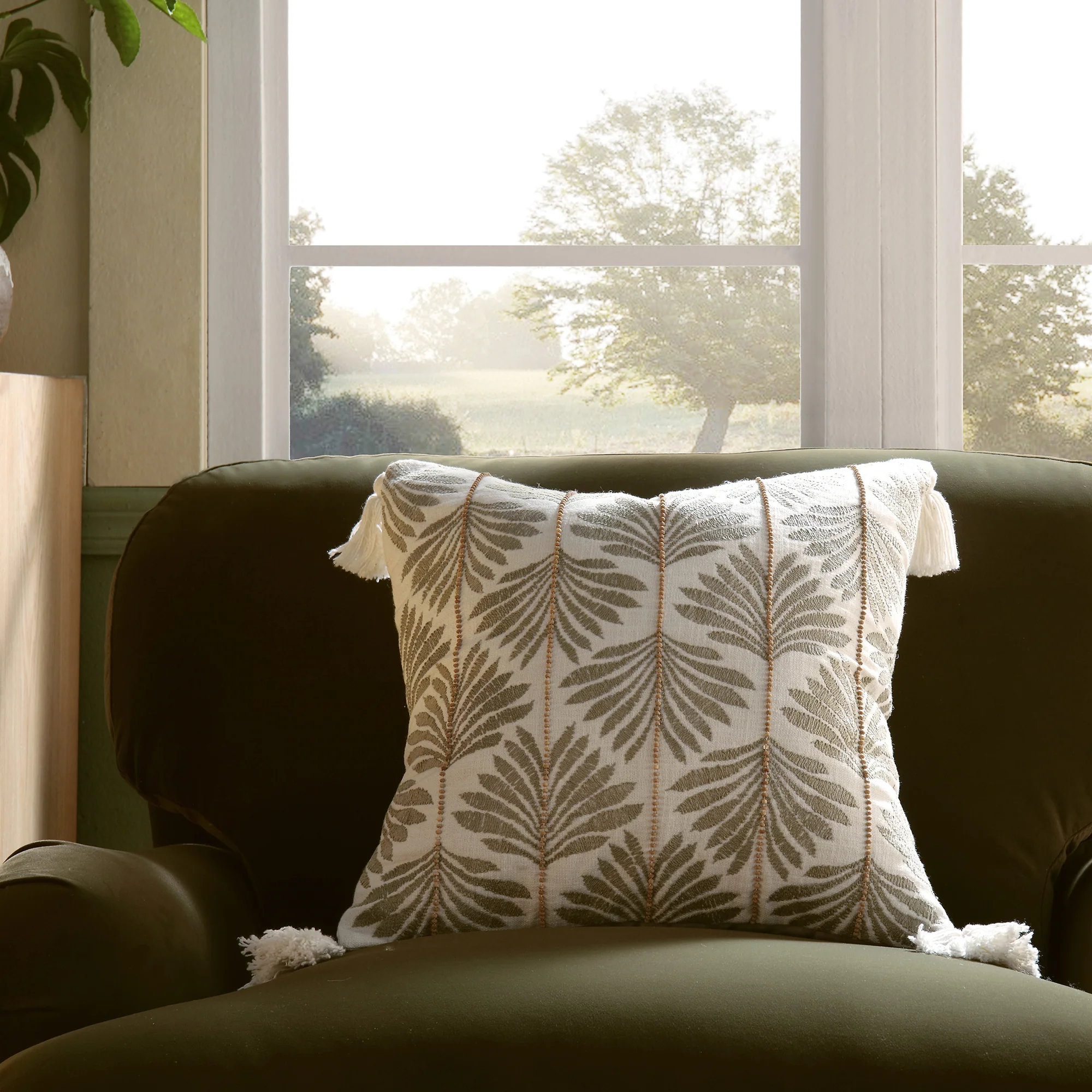 Vine Collection Japonica Hand Embroidered Beaded Cushion - Image 2