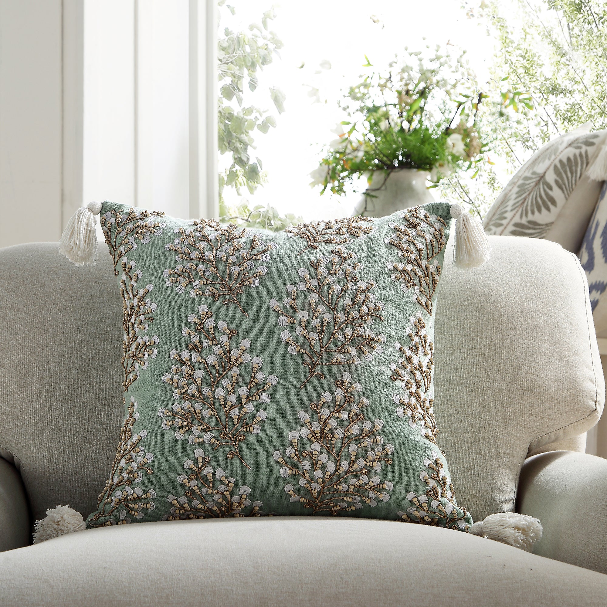 Vine Collection Primula Hand Embroidered Beaded Cushion - Image 2