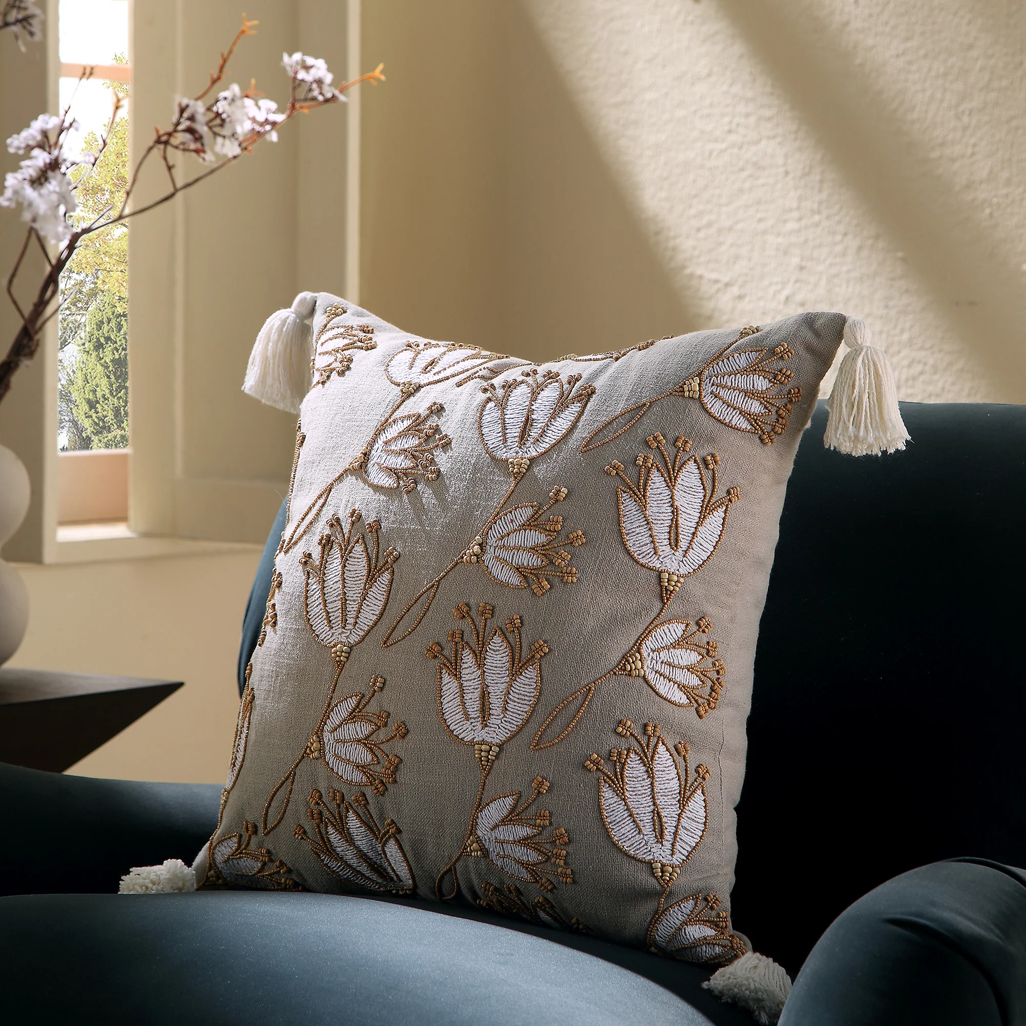 Vine Collection Wild Lotus Hand Embroidered Beaded Cushion - Image 2
