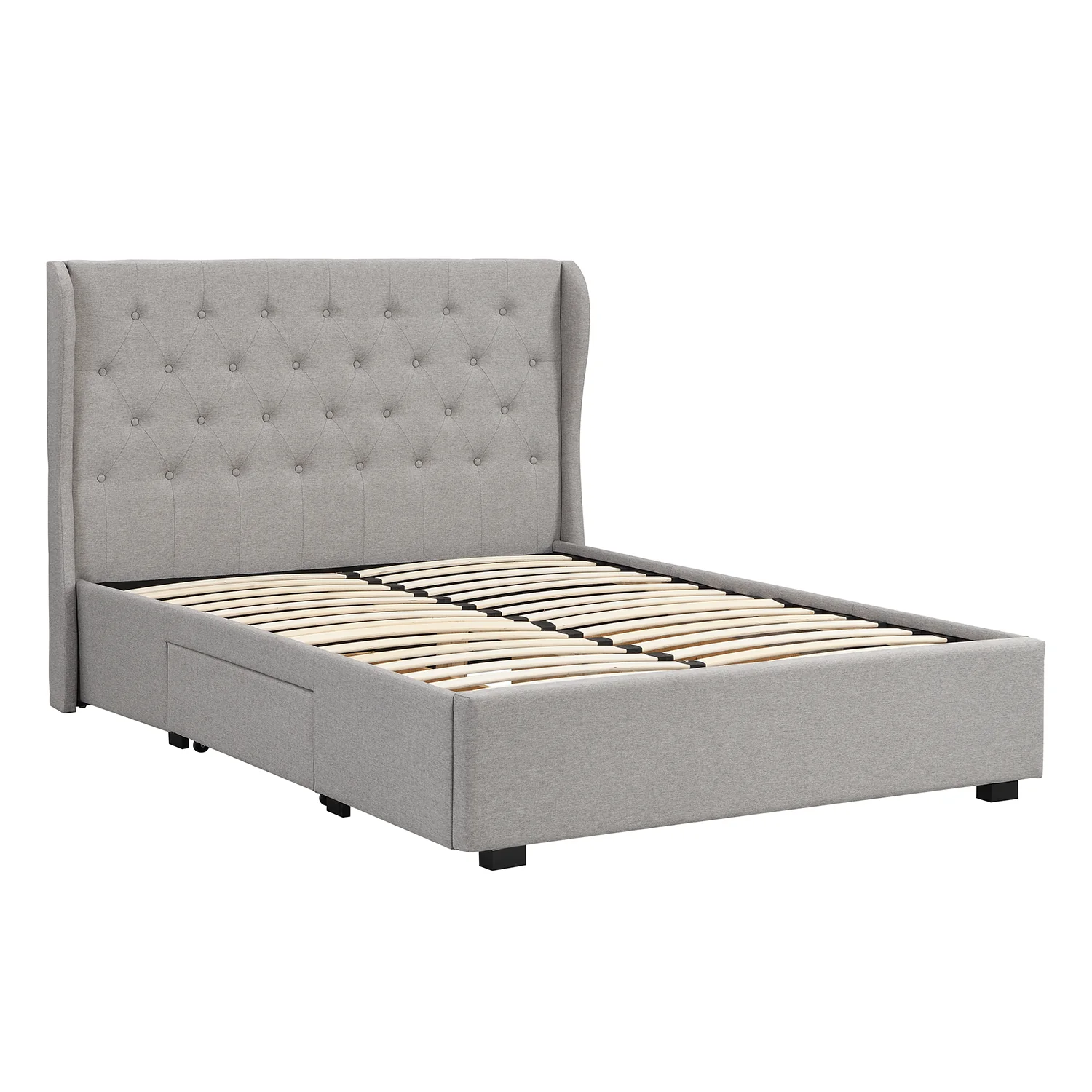 Weston Buttoned Wing Back Upholstered 2-Drawer Storage Bed (Grey Fabric) - Image 3