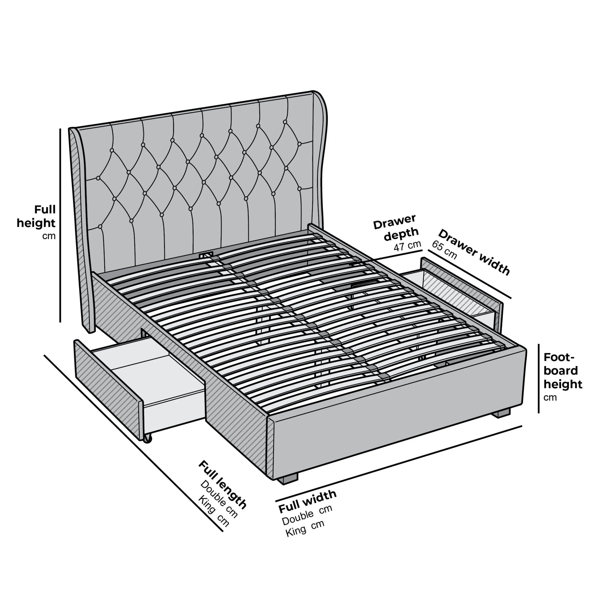 Weston Buttoned Wing Back Upholstered 2-Drawer Storage Bed (Grey Fabric) - Image 5