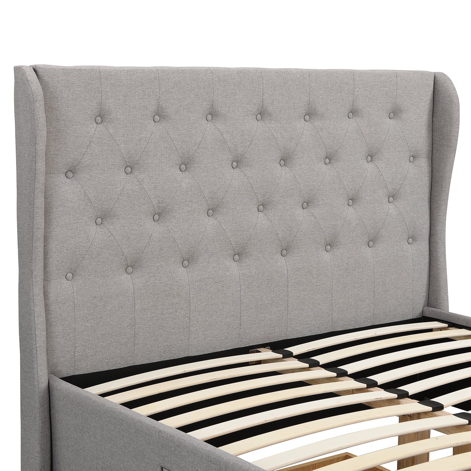 Weston Buttoned Wing Back Upholstered 2-Drawer Storage Bed (Grey Fabric) - Image 9