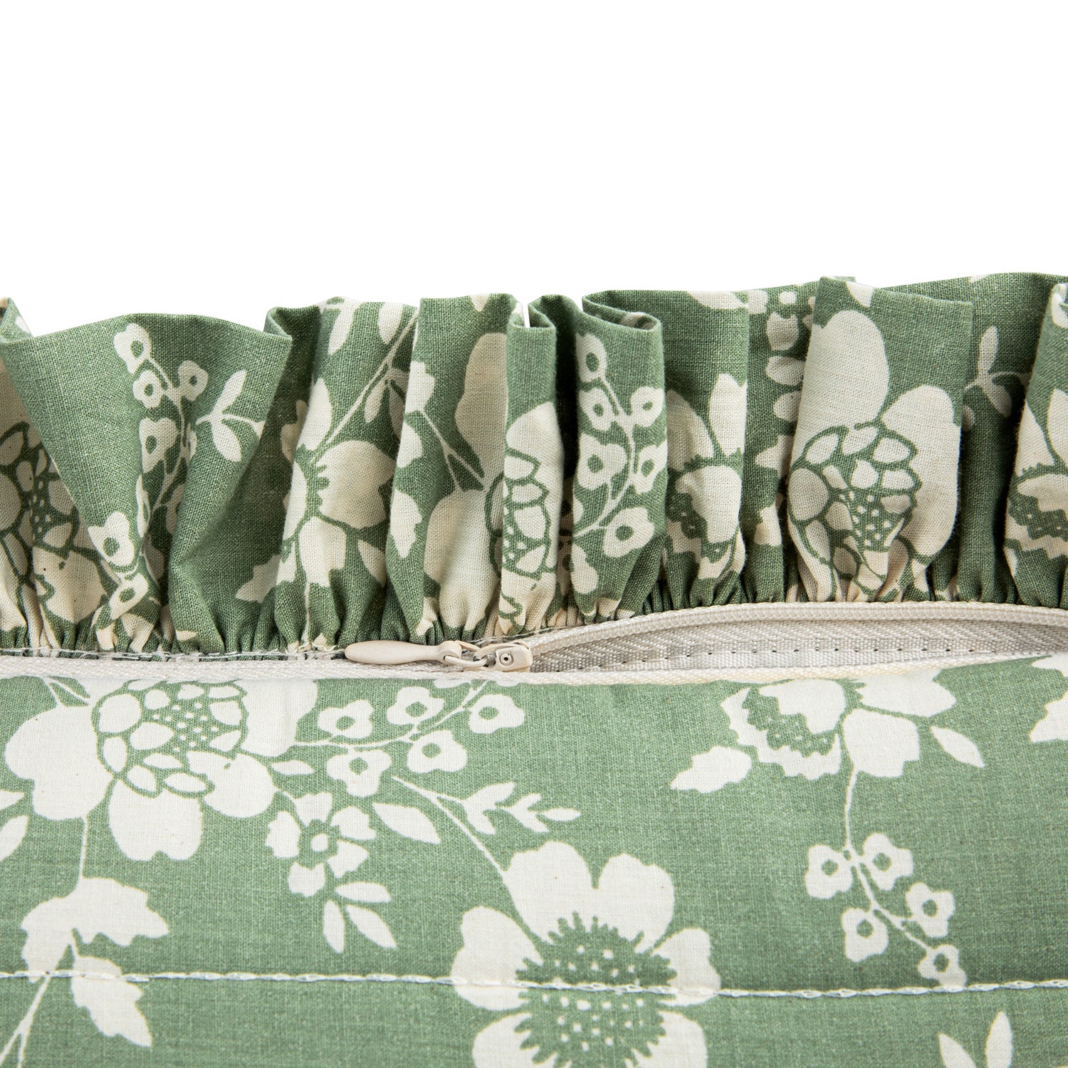 Willow Sage Green & Ivory Floral Ruffle Lumbar Cushion - Image 6