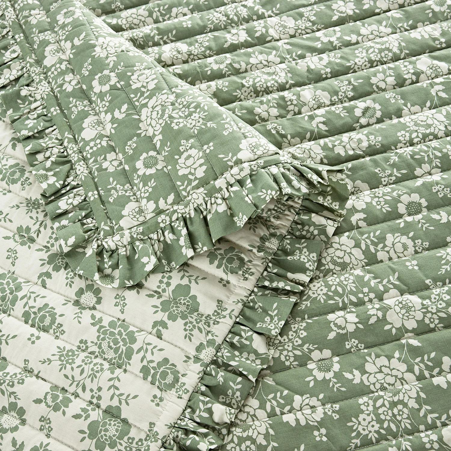 Willow Sage Green & Ivory Floral Ruffle Quilted Reversible Cotton Bedspread - Image 5