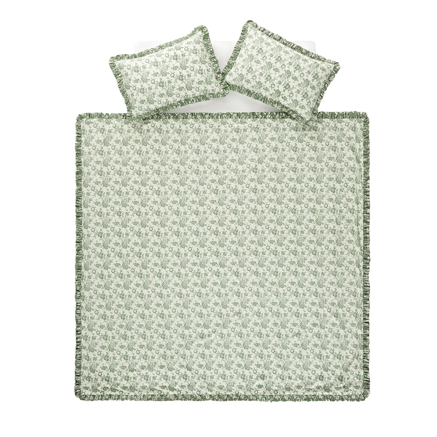 Willow Sage Green & Ivory Floral Ruffle Reversible 210TC Cotton Percale Duvet Set - Image 2