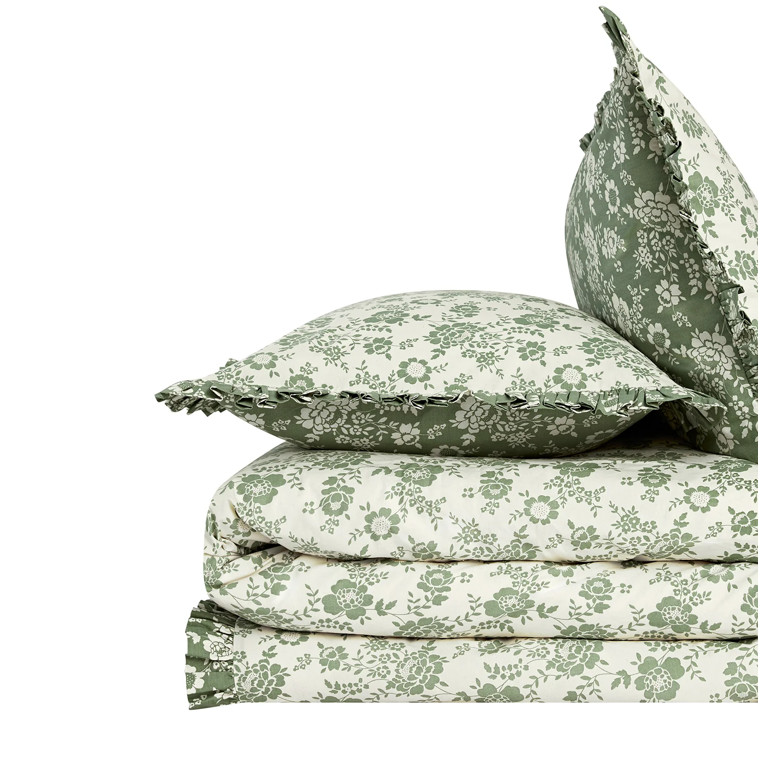 Willow Sage Green & Ivory Floral Ruffle Reversible 210TC Cotton Percale Duvet Set - Image 3