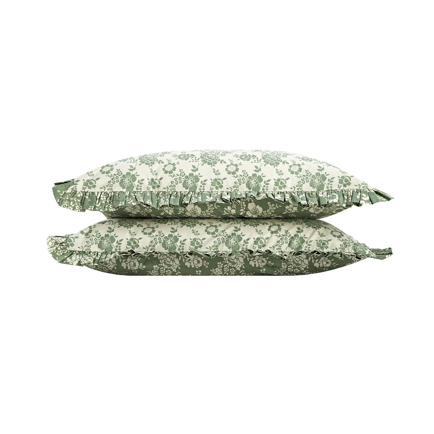 Willow Sage Green & Ivory Floral Ruffle Reversible 210 Thread Count Cotton Percale Pillowcases - Pair - Image 2