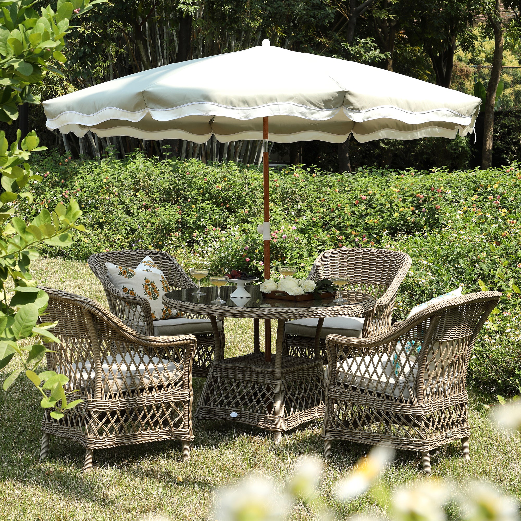 Willowbrook Lattice Weave Rattan 4-Seater Round Dining Set, Natural - Image 2