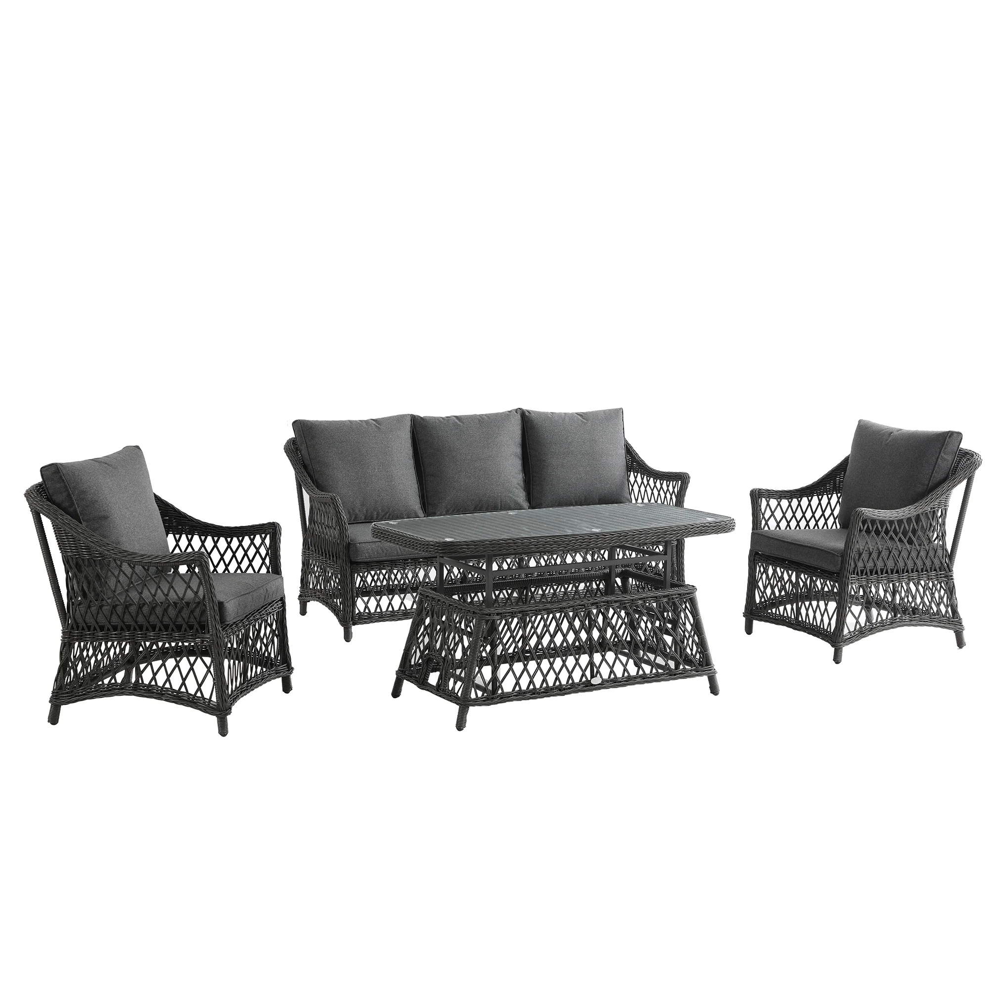 Willowbrook Lattice Weave Rattan 5-Seater Sofa Set with Rising Table, Dark Grey - Image 11