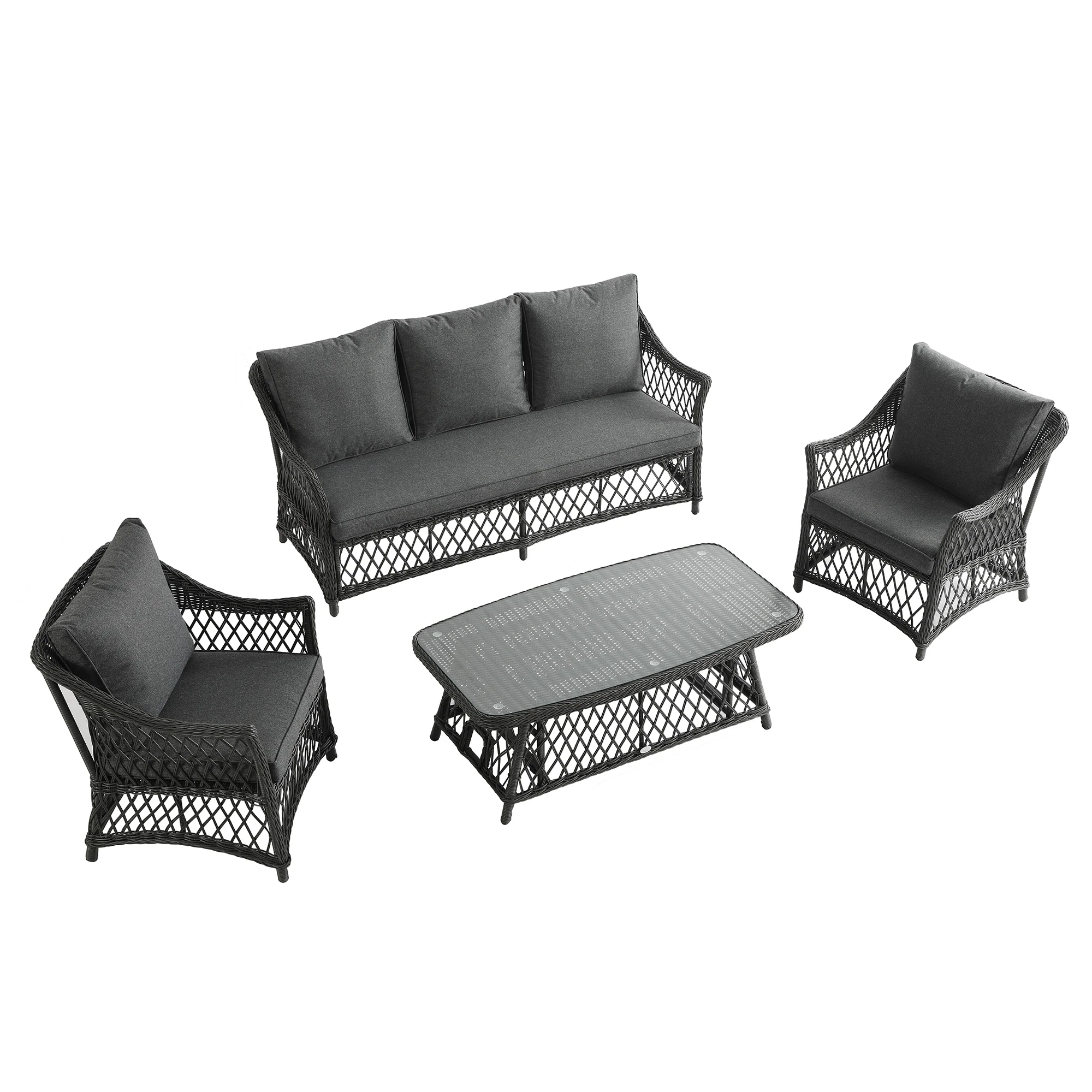Willowbrook Lattice Weave Rattan 5-Seater Sofa Set with Rising Table, Dark Grey - Image 16