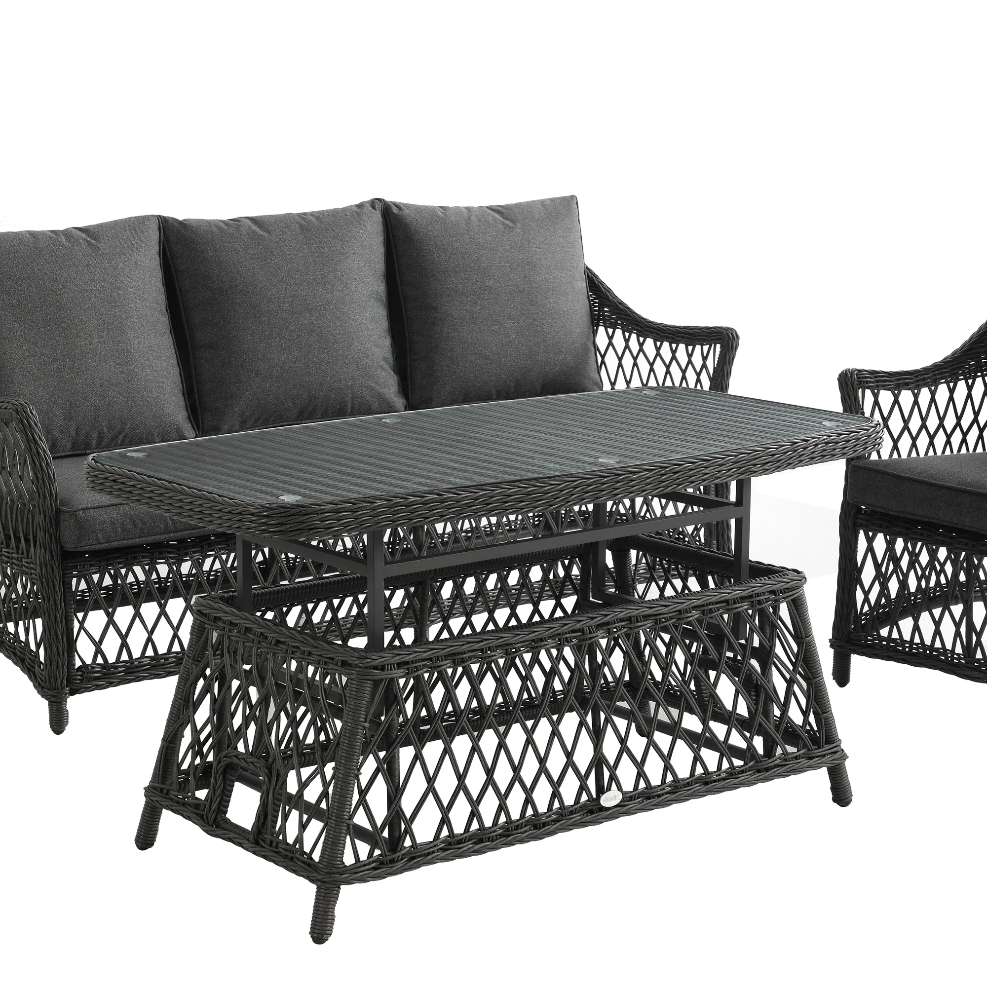Willowbrook Lattice Weave Rattan 5-Seater Sofa Set with Rising Table, Dark Grey - Image 21