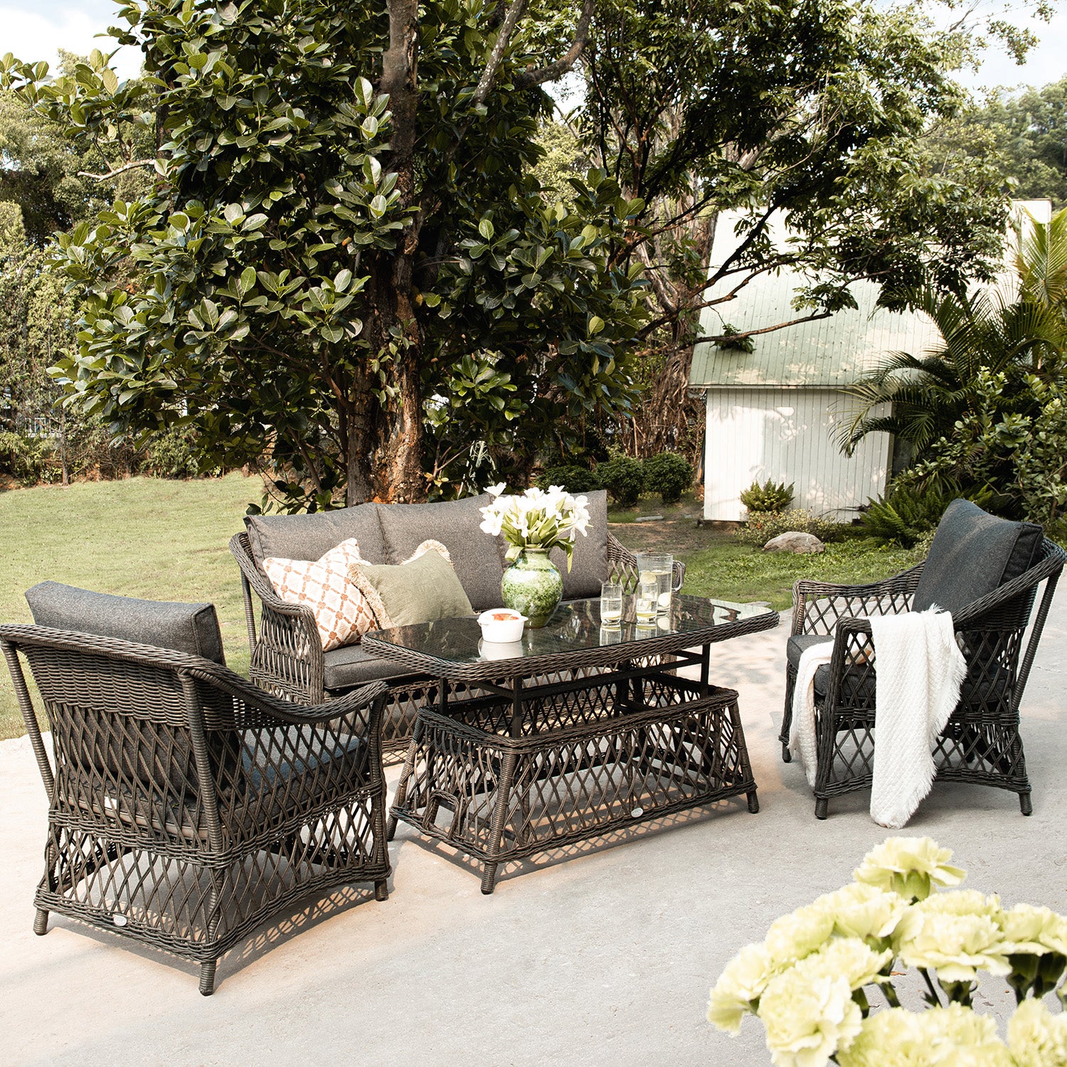 Willowbrook Lattice Weave Rattan 5-Seater Sofa Set with Rising Table, Dark Grey - Image 3