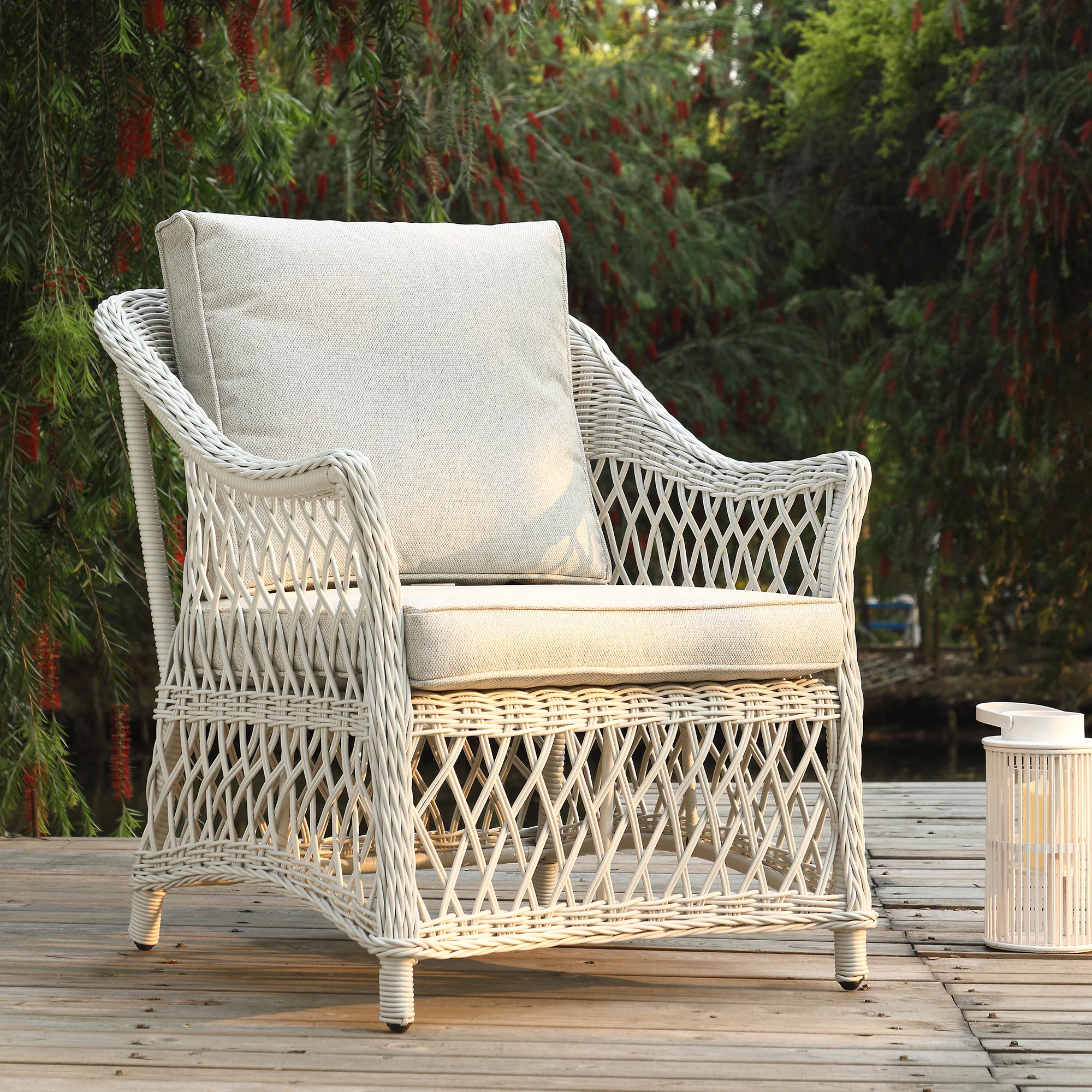 Willowbrook Lattice Weave Rattan 5-Seater Sofa Set with Rising Table, White - Image 12
