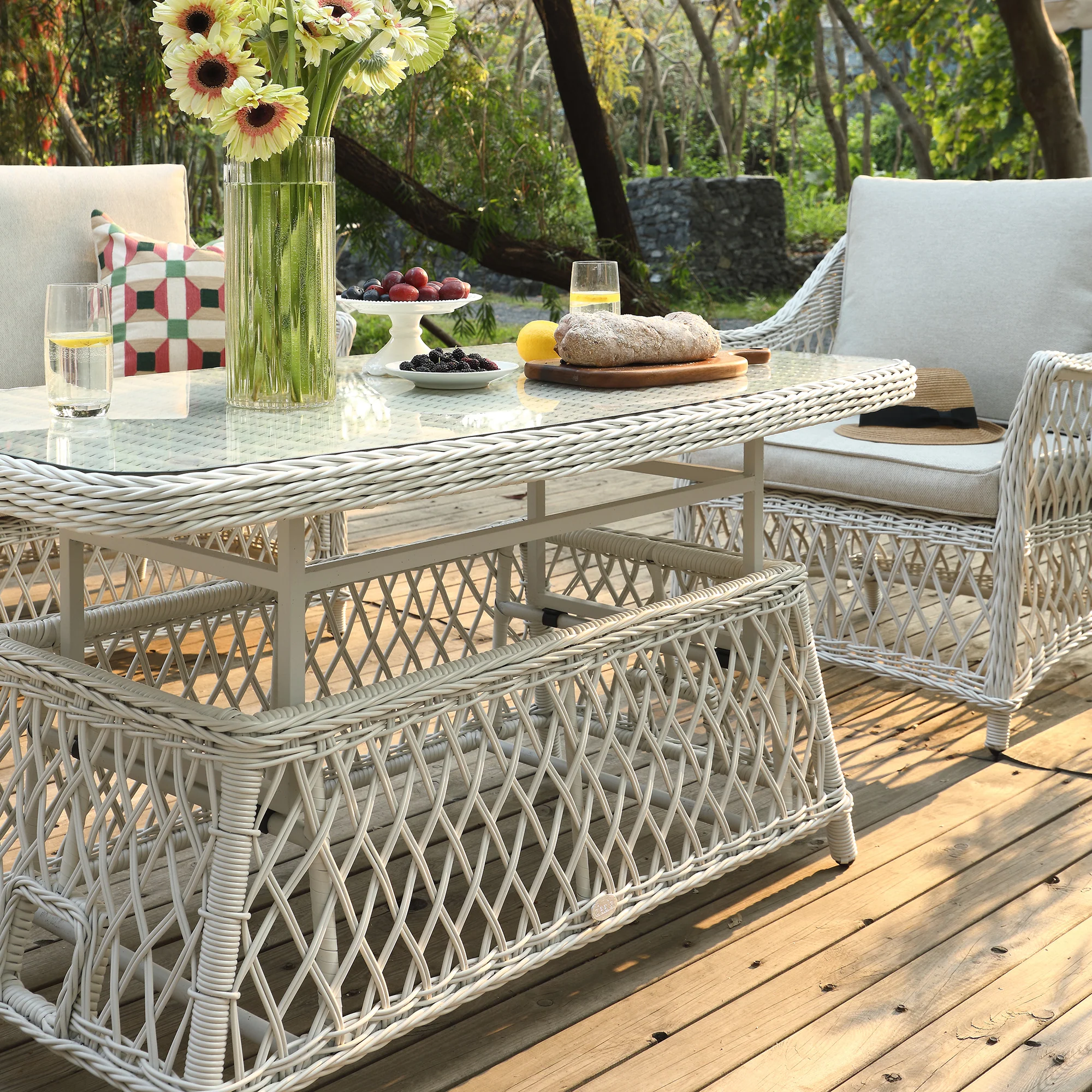 Willowbrook Lattice Weave Rattan 5-Seater Sofa Set with Rising Table, White - Image 15