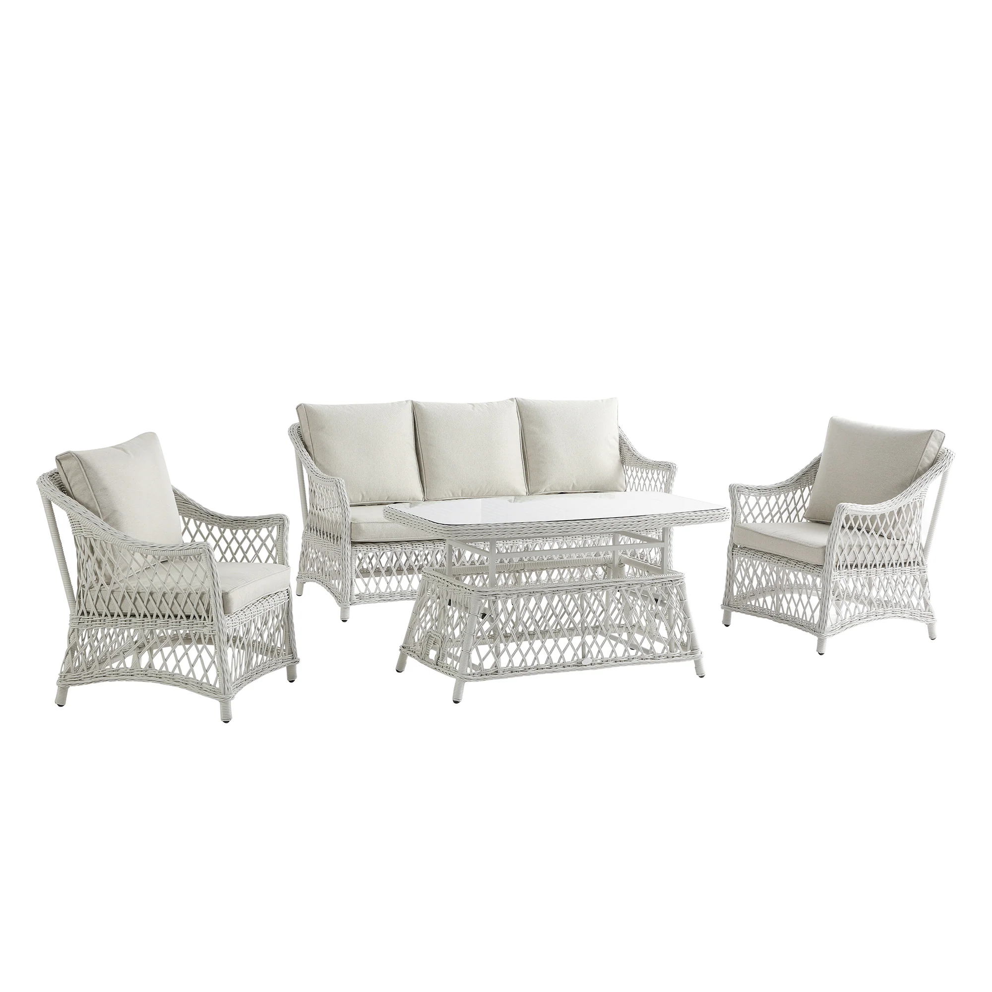 Willowbrook Lattice Weave Rattan 5-Seater Sofa Set with Rising Table, White - Image 17