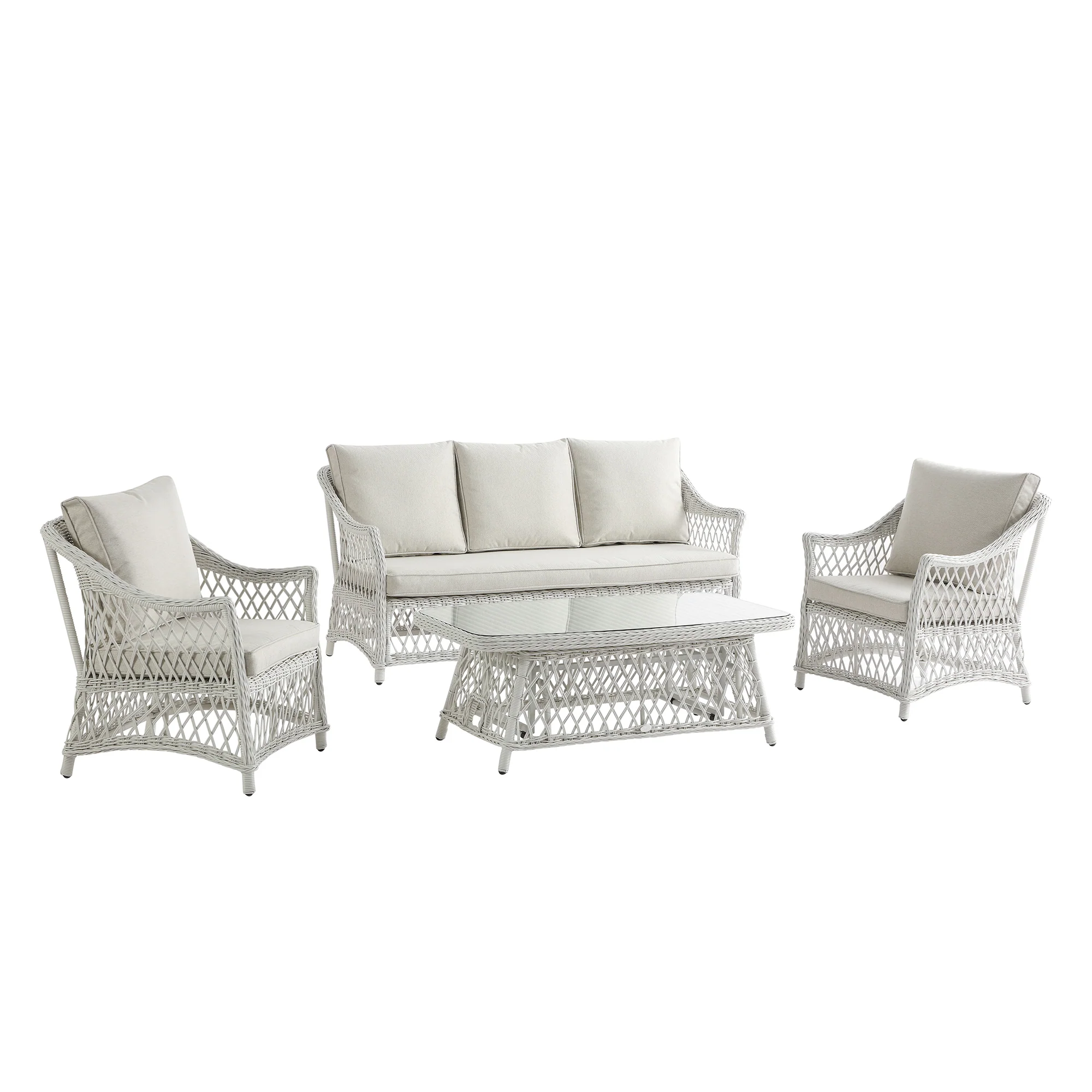 Willowbrook Lattice Weave Rattan 5-Seater Sofa Set with Rising Table, White - Image 20
