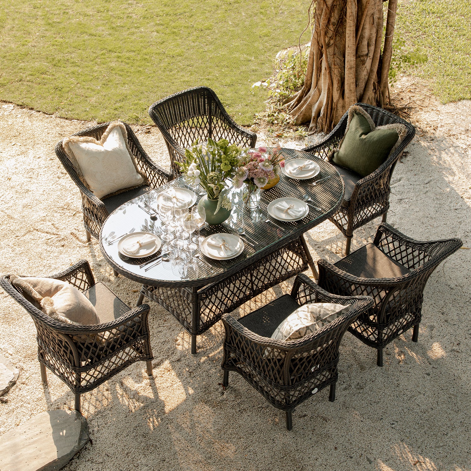 Willowbrook Lattice Weave Rattan 6-Seater Oval Dining Set, Dark Grey - Image 2