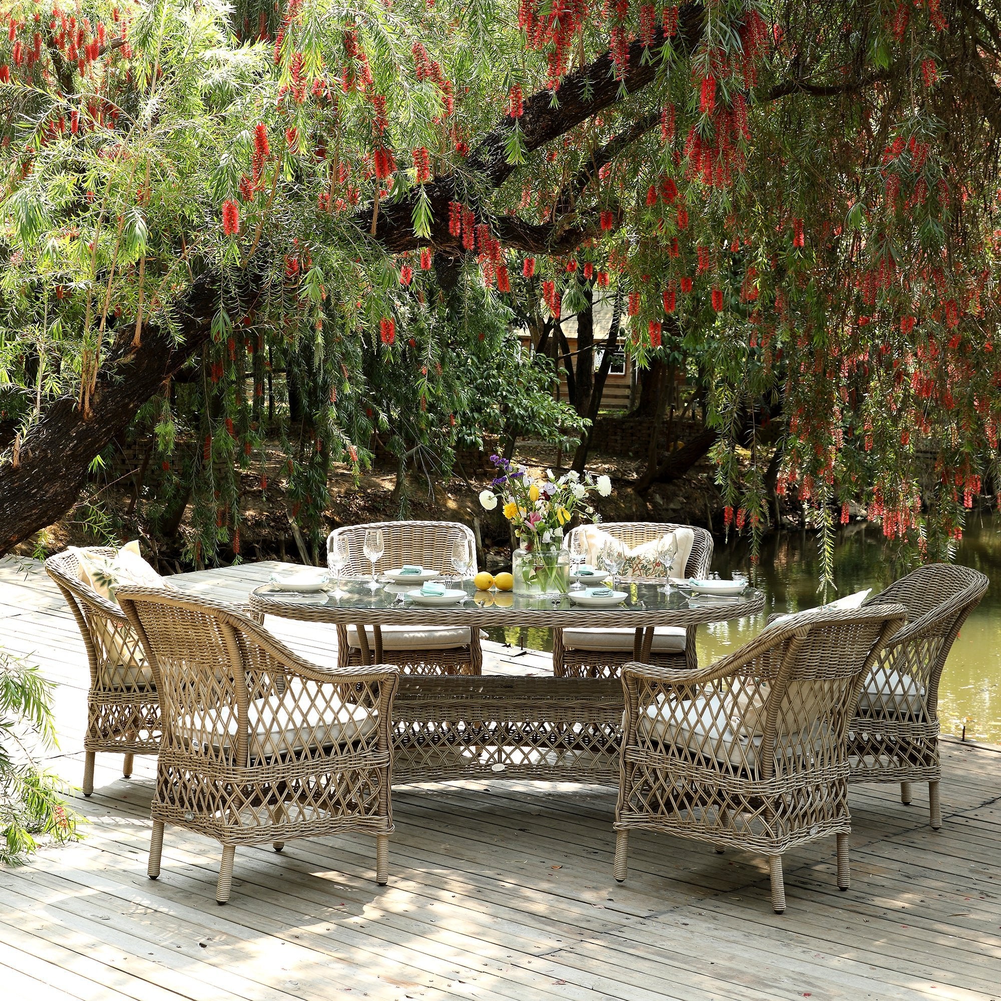 Willowbrook Lattice Weave Rattan 6-Seater Oval Dining Set, Natural - Image 3