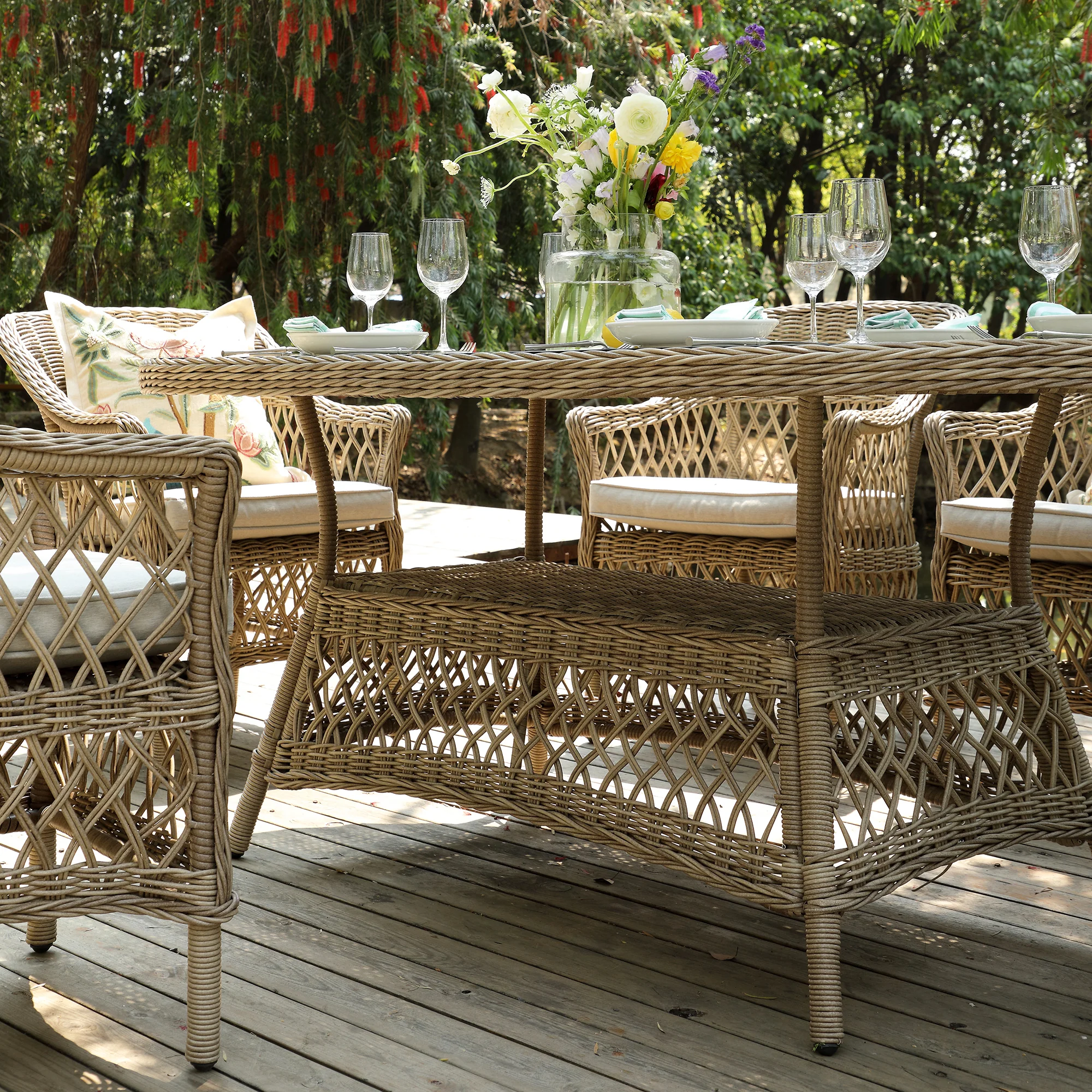 Willowbrook Lattice Weave Rattan 6-Seater Oval Dining Set, Natural - Image 6