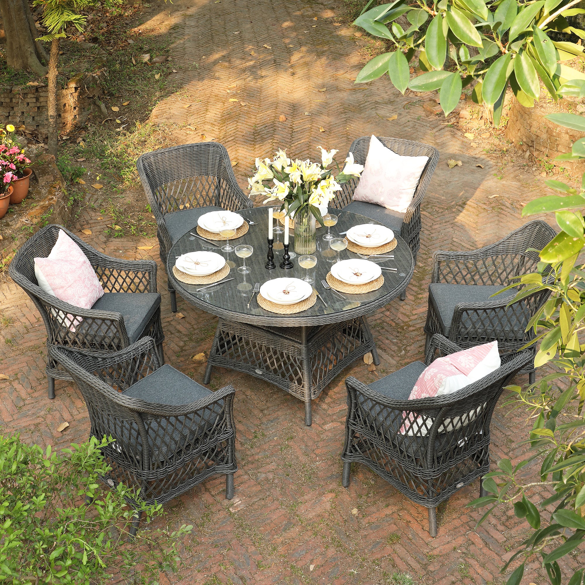 Willowbrook Lattice Weave Rattan 6-Seater Round Dining Set, Dark Grey - Image 2