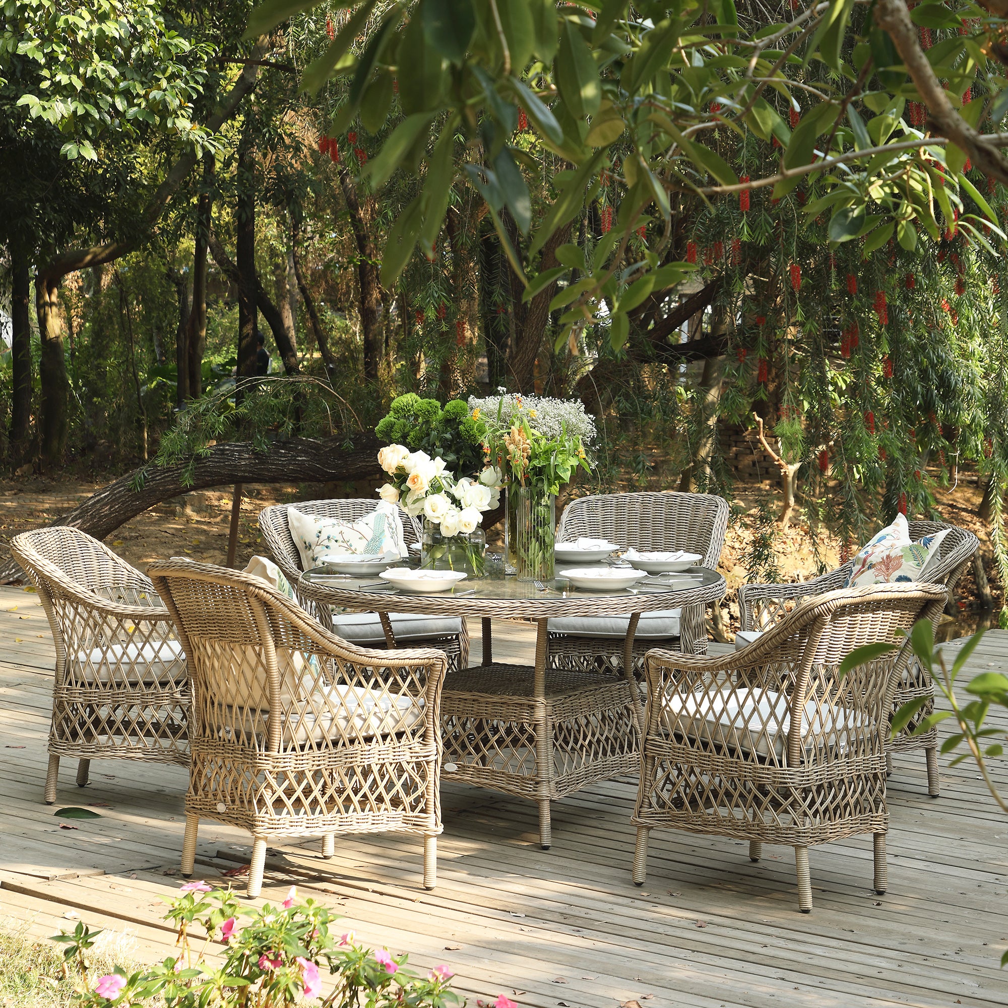 Willowbrook Lattice Weave Rattan 6-Seater Round Dining Set, Natural - Image 2