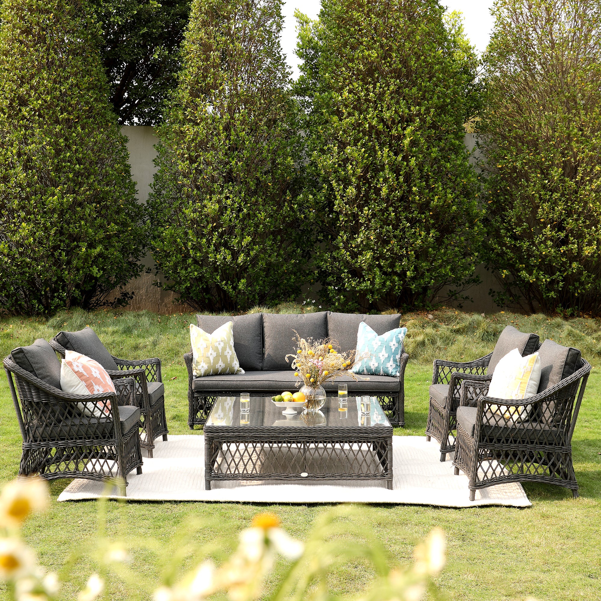 Willowbrook Lattice Weave Rattan 7-Seater Large Sofa Set, Dark Grey - Image 2
