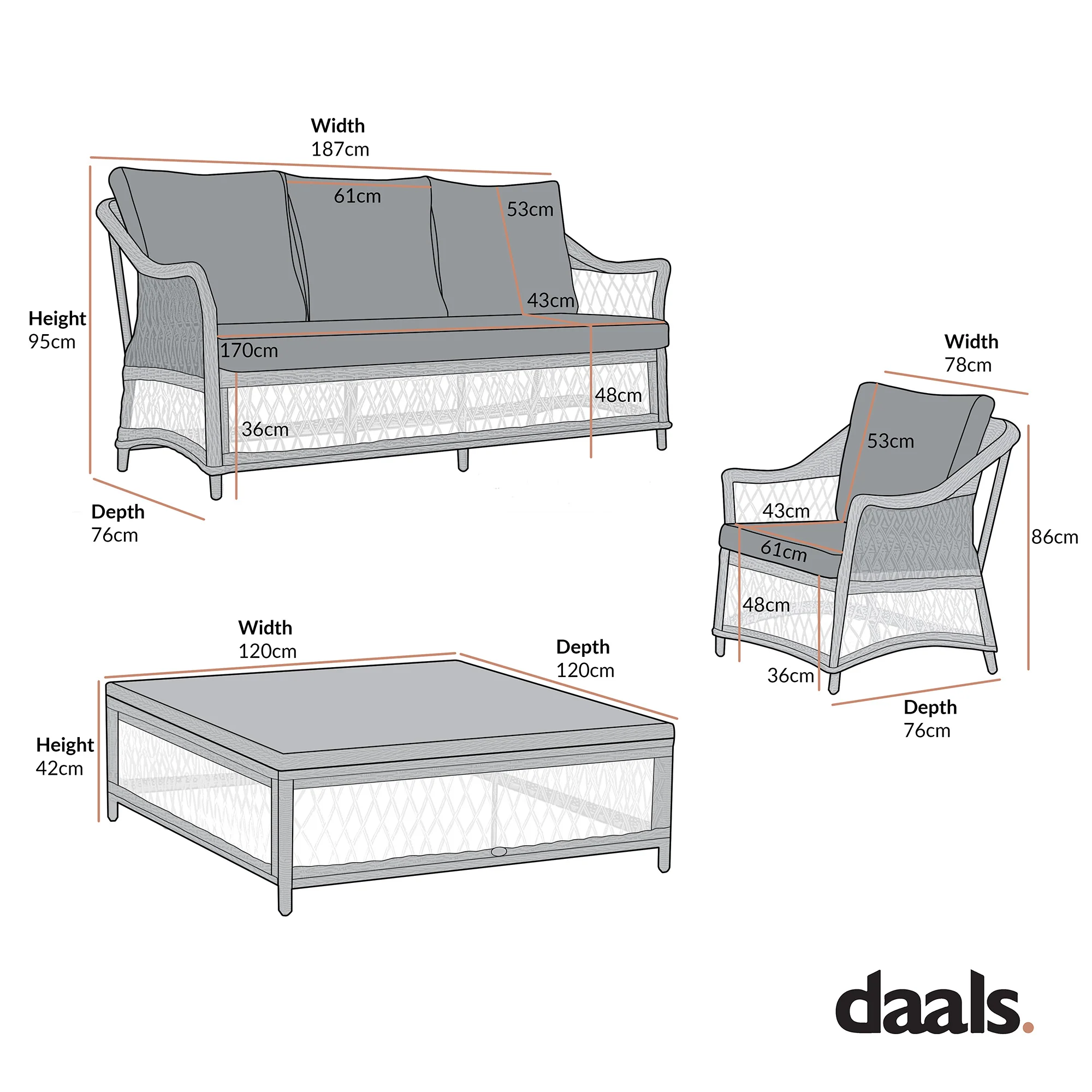Willowbrook Lattice Weave Rattan 7-Seater Large Sofa Set, Dark Grey - Image 16