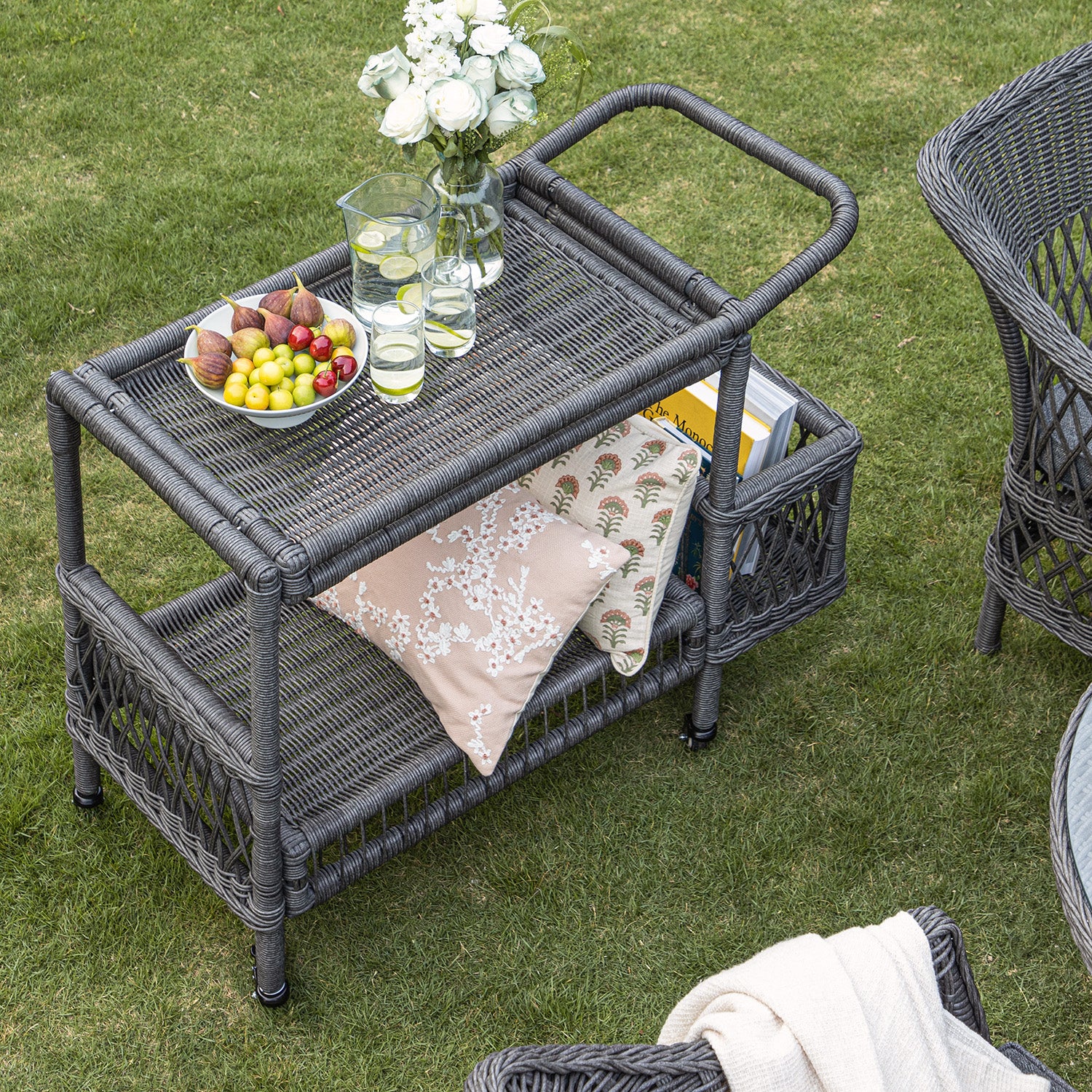 Willowbrook Lattice Weave Rattan Bar Cart, Dark Grey - Image 2