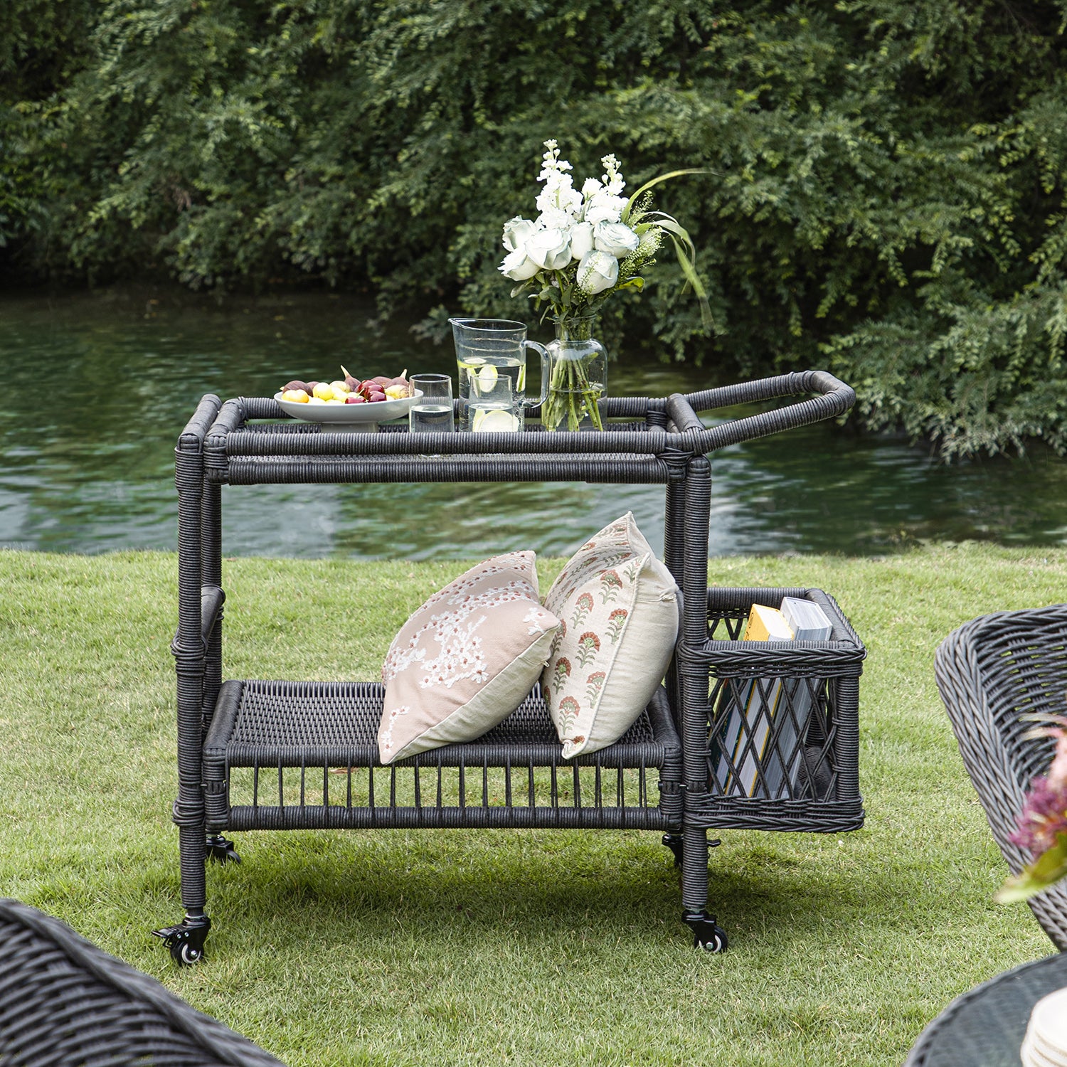 Willowbrook Lattice Weave Rattan Bar Cart, Dark Grey - Image 3