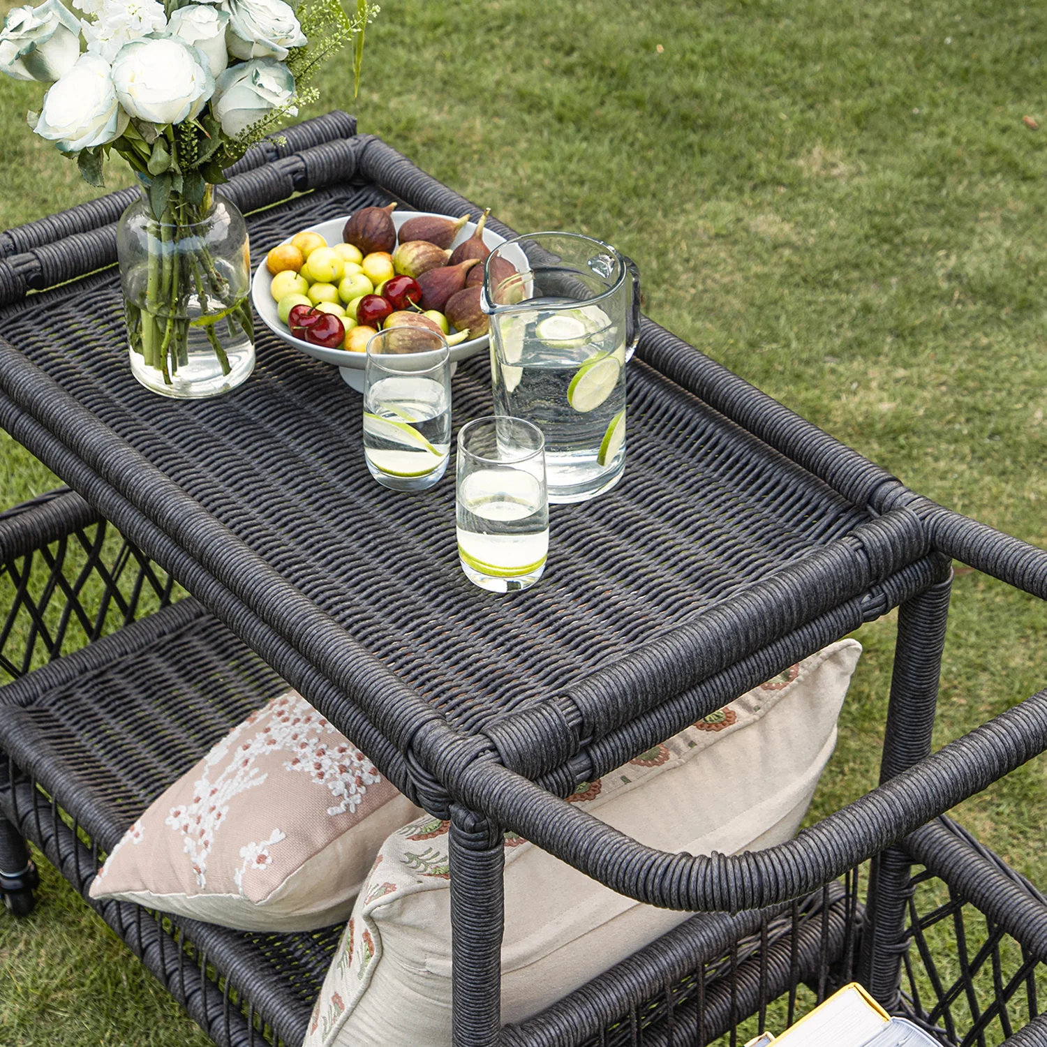 Willowbrook Lattice Weave Rattan Bar Cart, Dark Grey - Image 4