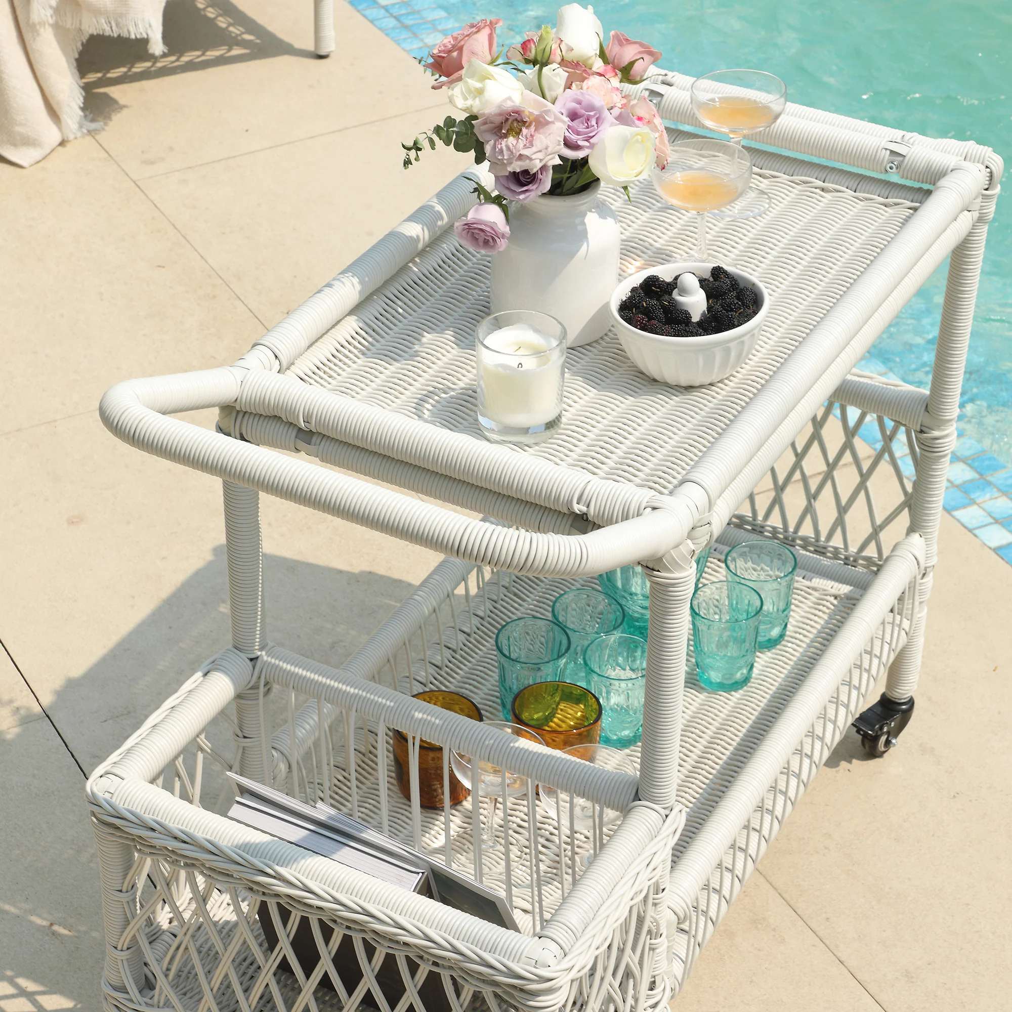 Willowbrook Lattice Weave Rattan Bar Cart, White - Image 4