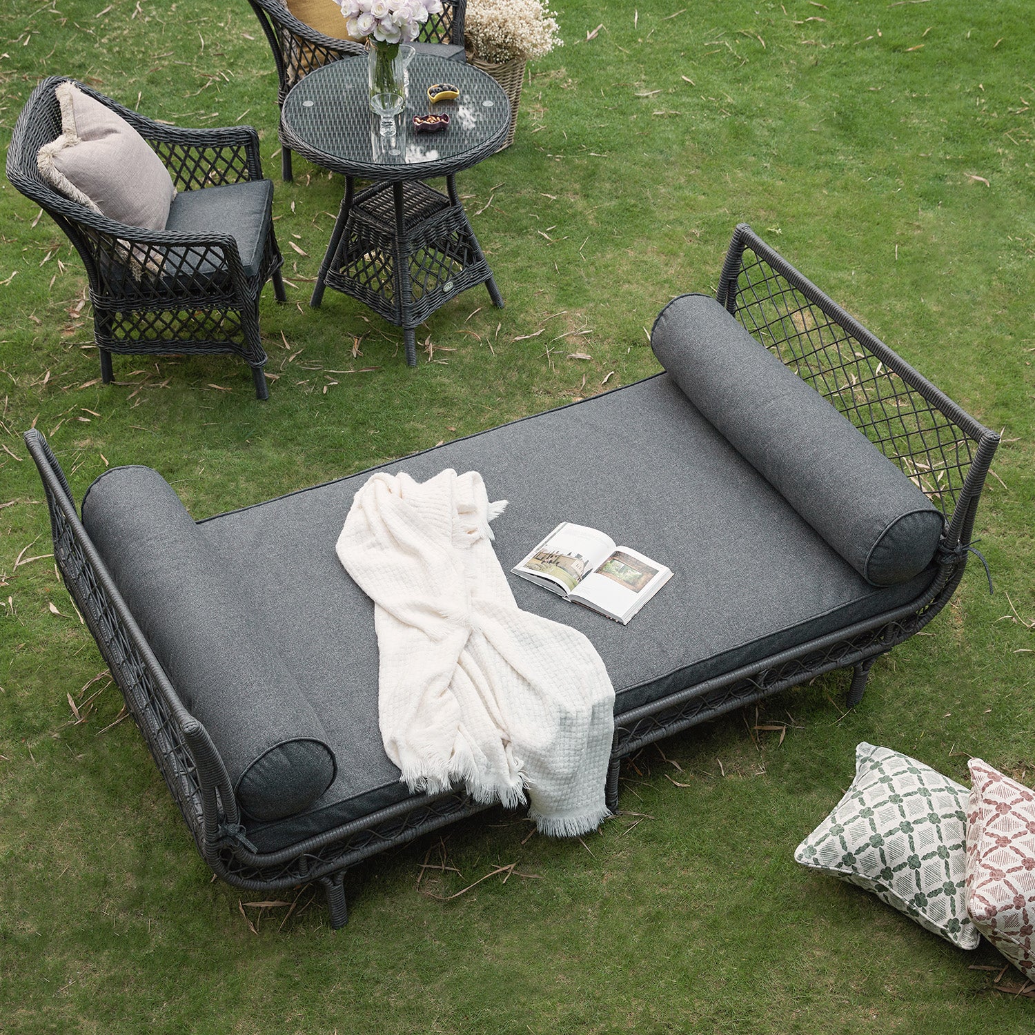 Willowbrook Lattice Weave Rattan Daybed, Dark Grey - Image 3