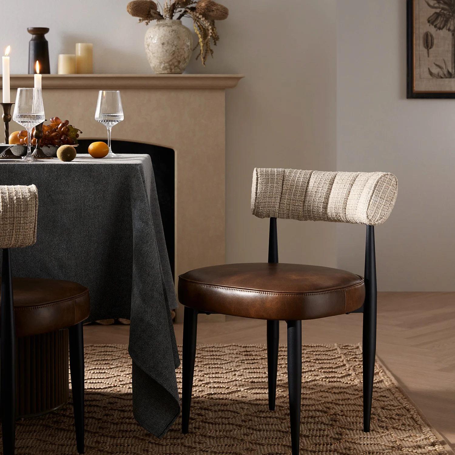 Wilna Set of 2 Dining Chairs, Beige Woven | Vintage Brown Faux Leather - Image 2