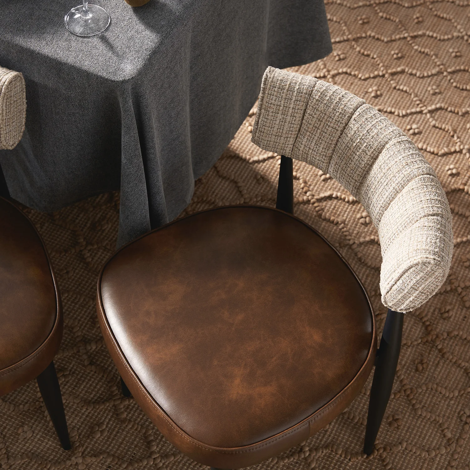 Wilna Set of 2 Dining Chairs, Beige Woven | Vintage Brown Faux Leather - Image 3