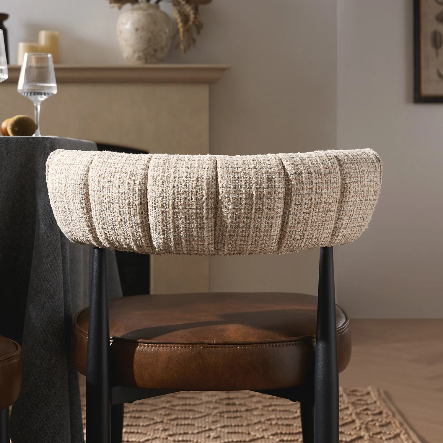Wilna Set of 2 Dining Chairs, Beige Woven | Vintage Brown Faux Leather - Image 4